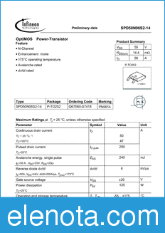 Infineon SPD50N06S2-14 datasheet