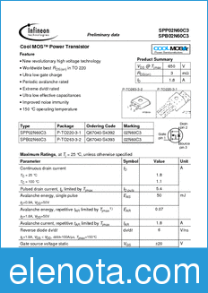 Infineon SPP02N60C3 datasheet