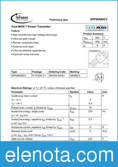 Infineon SPP06N80C3 datasheet