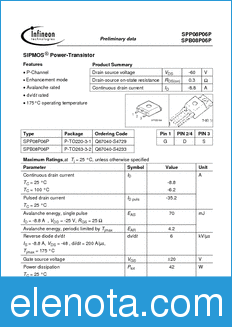Infineon SPP08P06P datasheet