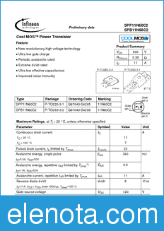 Infineon SPP11N60C2 datasheet