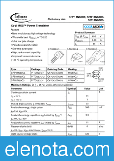 Infineon SPP11N60C3 datasheet
