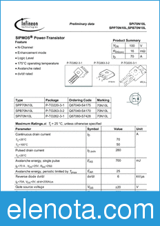 Infineon SPP70N10L datasheet