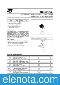 STMicroelectronics STB100NF04L datasheet