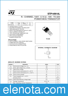STMicroelectronics STP16N10L datasheet