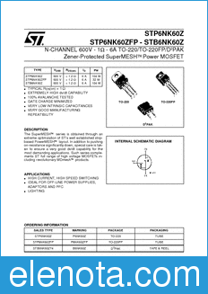 STMicroelectronics STP6NK60Z datasheet
