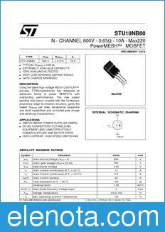STMicroelectronics STU10NB80 datasheet