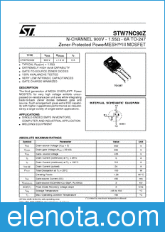STMicroelectronics STW7NC90Z datasheet