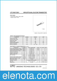 Unisonic Technologies UTC MJE13001 datasheet