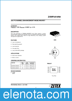 Zetex ZXMP3A16N8 datasheet