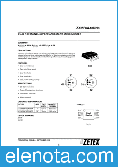 Zetex ZXMP6A18DN8 datasheet